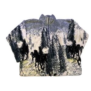 MAZMANIA Fleece Jacket Womens L. Winter Nature Scene Horses Trees Mountains vtg